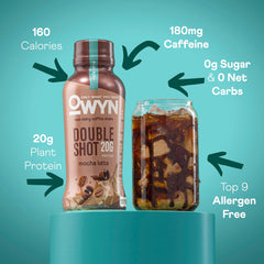 OWYN nutrition label close-up showing protein and caffeine amounts for transparency