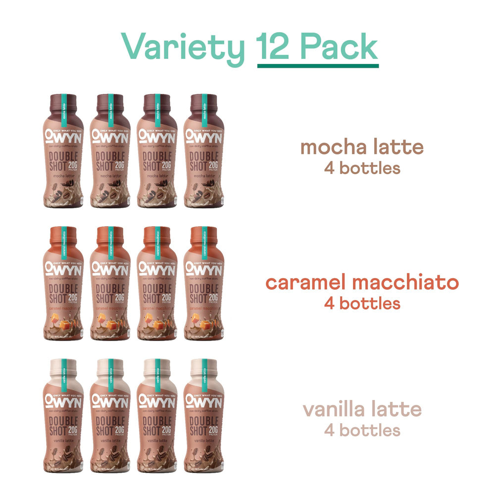 OWYN variety pack stacked to show assortment and convenient shelf-ready storage