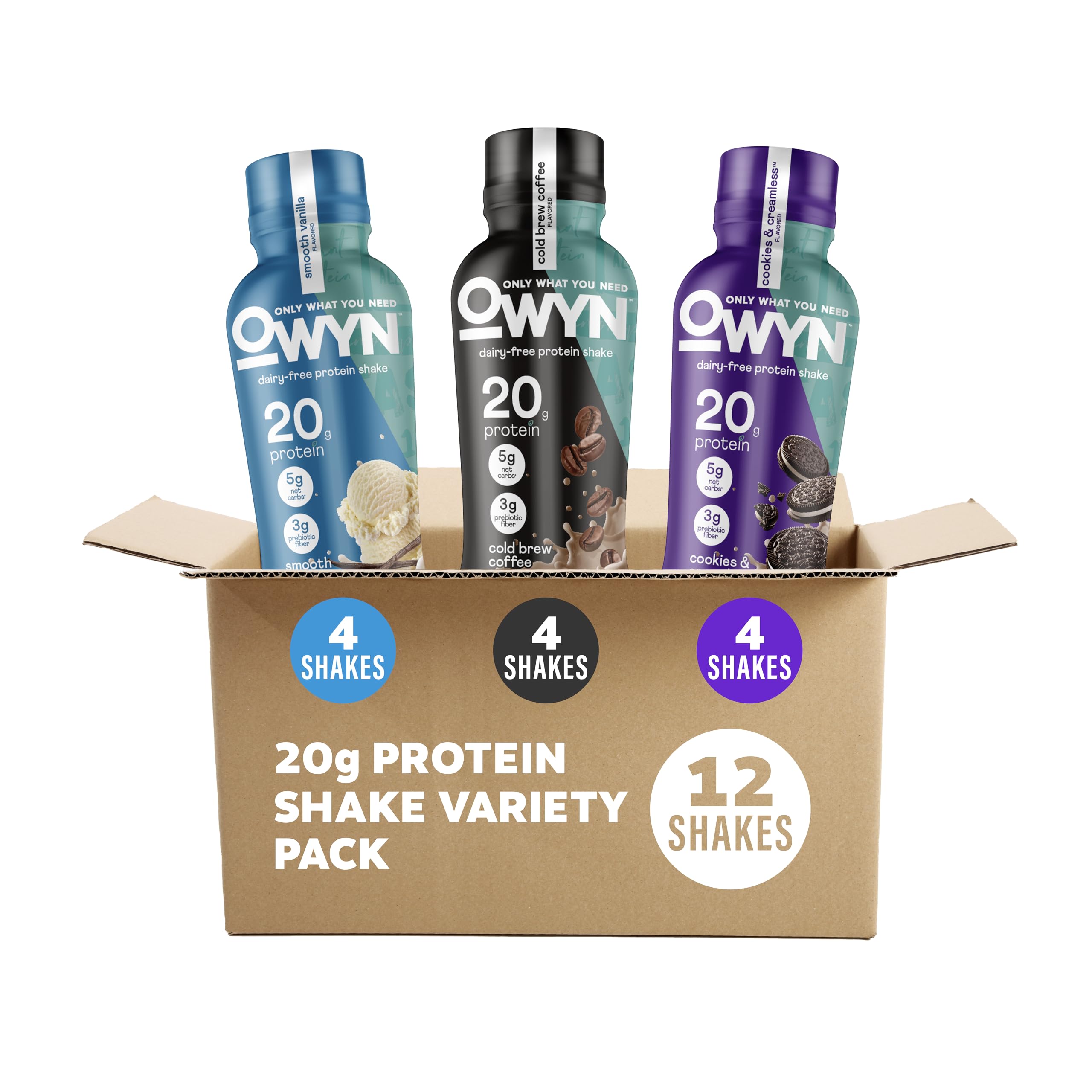 OWYN front packaging 12-count variety pack showing bottles and brand benefits