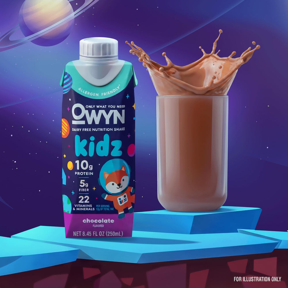 OWYN carton held in hand showing size for easy portability