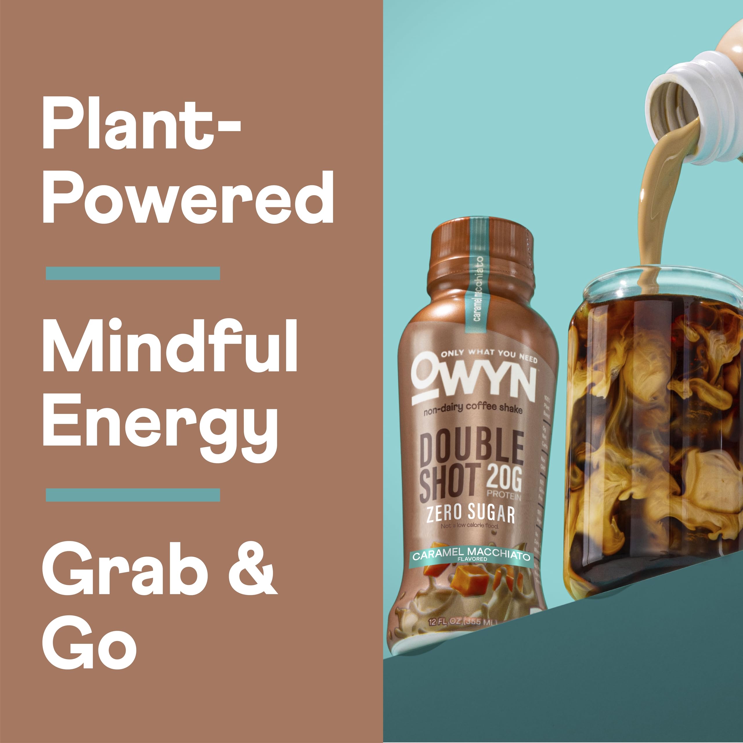 OWYN shake poured into a glass showing smooth texture and plant-based protein benefit