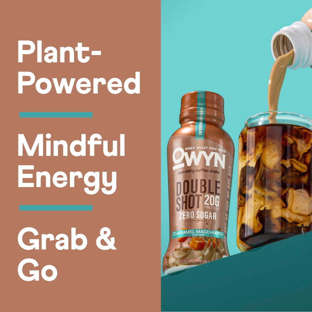 OWYN shake poured into a glass showing smooth texture and plant-based protein benefit