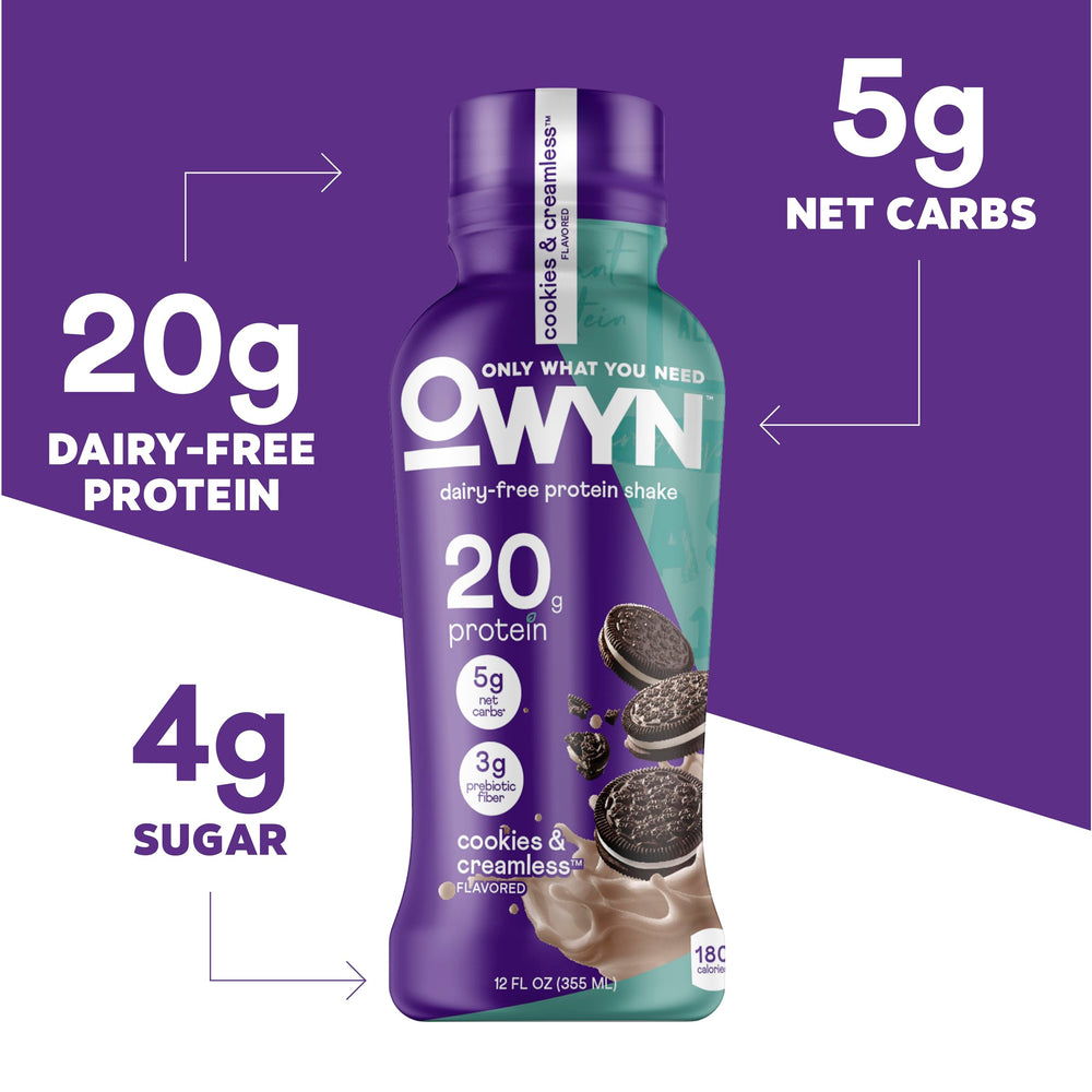 OWYN creamy shake being poured close up showing smooth texture and protein richness