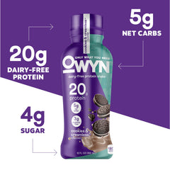 OWYN creamy shake being poured close up showing smooth texture and protein richness