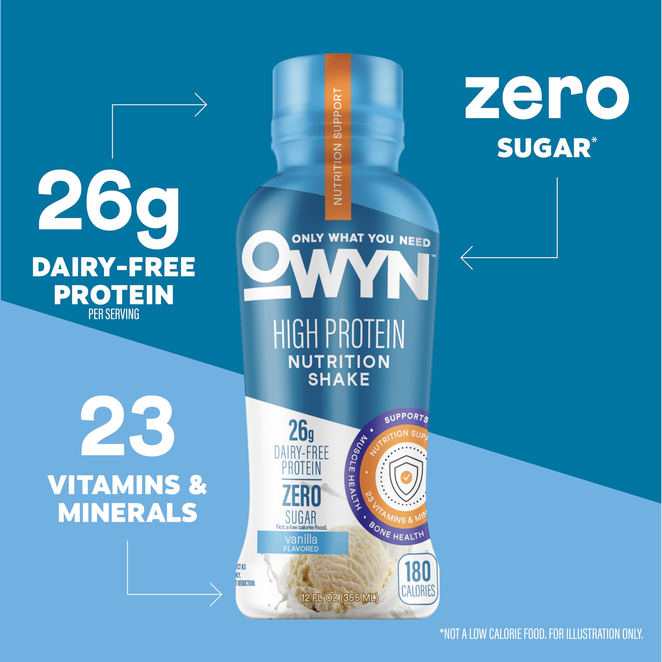 OWYN vanilla close-up pour showing smooth texture and high protein satisfaction