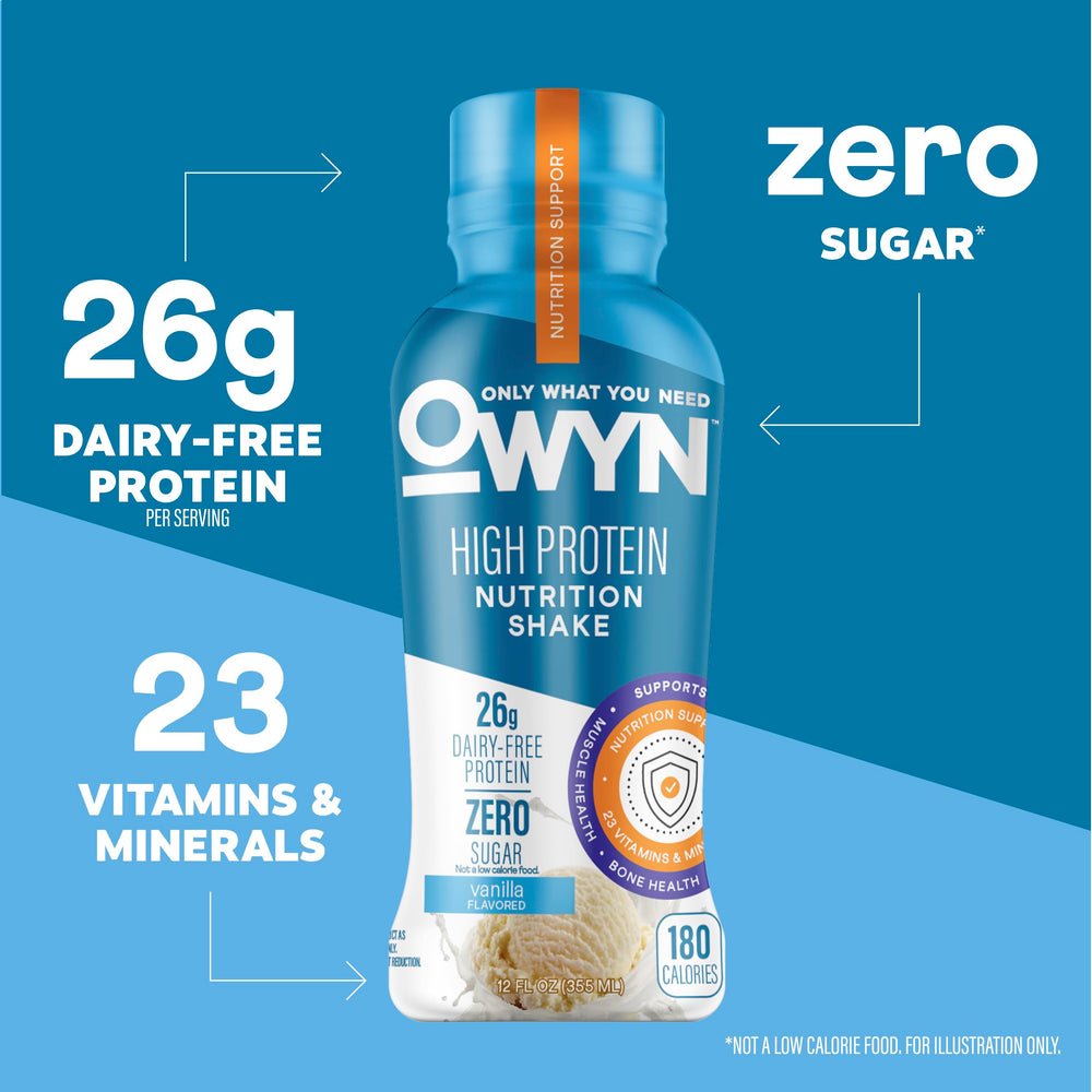 OWYN vanilla close-up pour showing smooth texture and high protein satisfaction