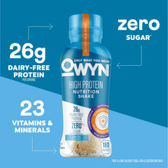 OWYN vanilla close-up pour showing smooth texture and high protein satisfaction