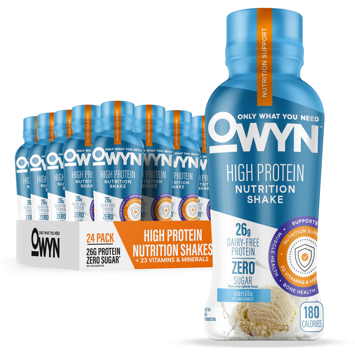 OWYN vanilla front packaging showing 12-count ready-to-drink bottles and benefits