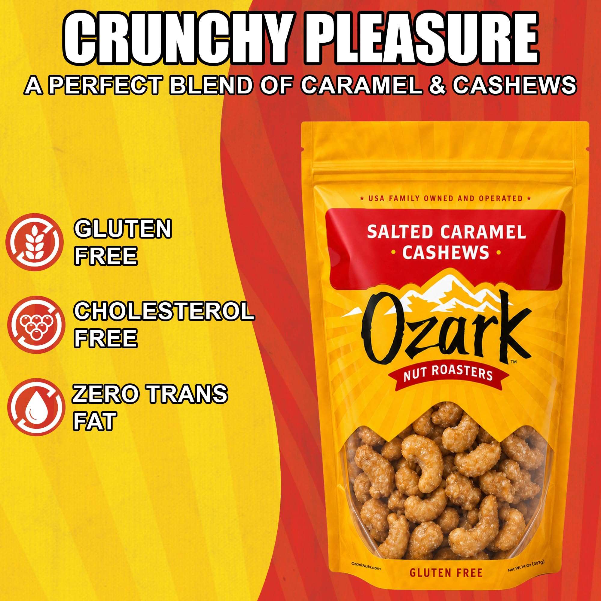Ozark Nut Roasters closeup of caramelized coating highlighting glossy crunch and sweet appeal