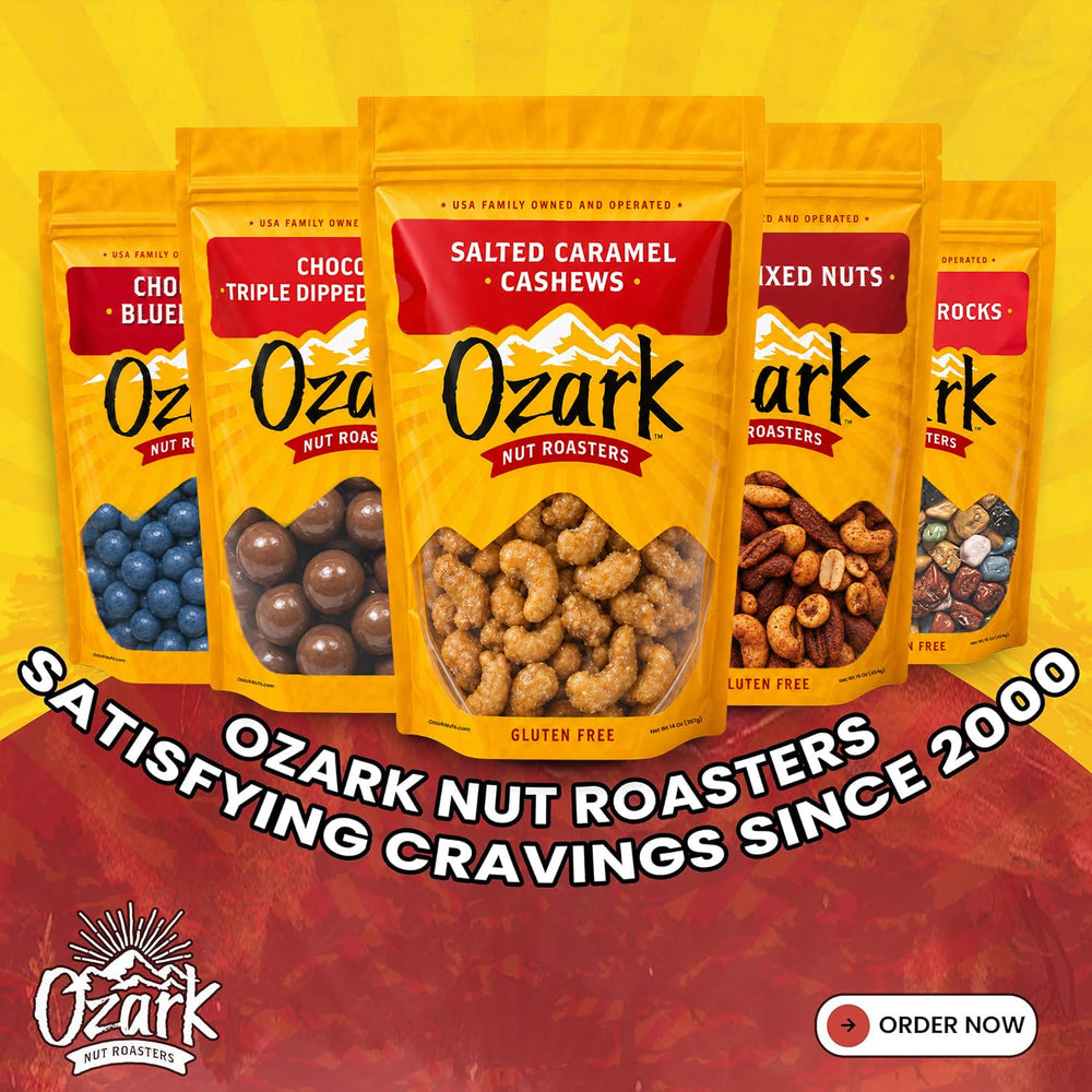 Ozark Nut Roasters on a party platter paired with cheese and fruit to show serving ideas