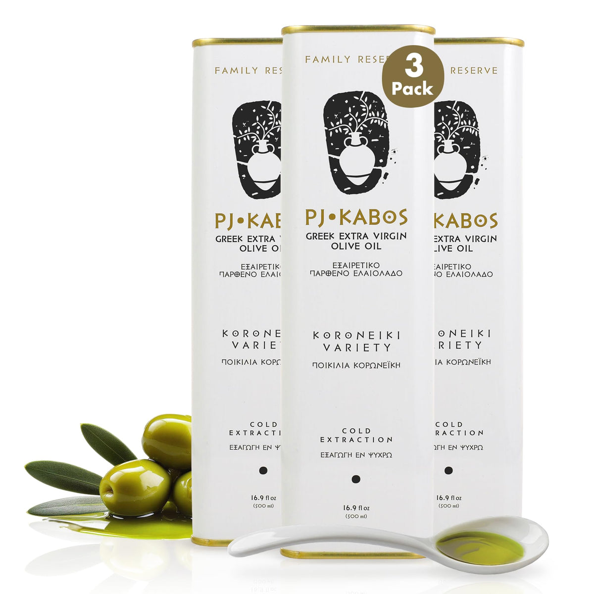 P.J. KABOS front view of three 16.9 oz tins showing premium packaging and freshness