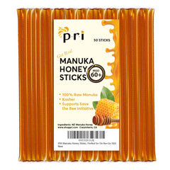 P.R.I front packaging of 50 manuka honey sticks showing convenience and portion control