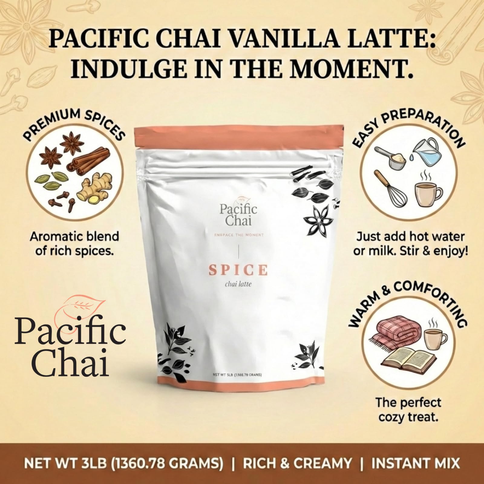 Pacific Chai nutritional label close-up showing gluten free and kosher