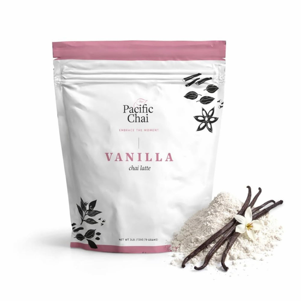 Pacific Chai front packaging showing 3 lb container and brand benefits
