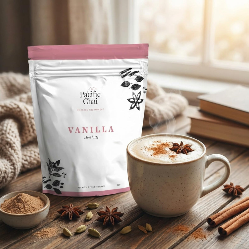Pacific Chai hot vanilla chai latte in cup showing creamy aromatic beverage