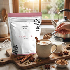 Pacific Chai powder texture close-up highlighting fine mix for smooth lattes