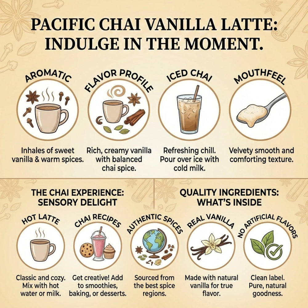 Pacific Chai container beside common household objects showing 3 lb scale