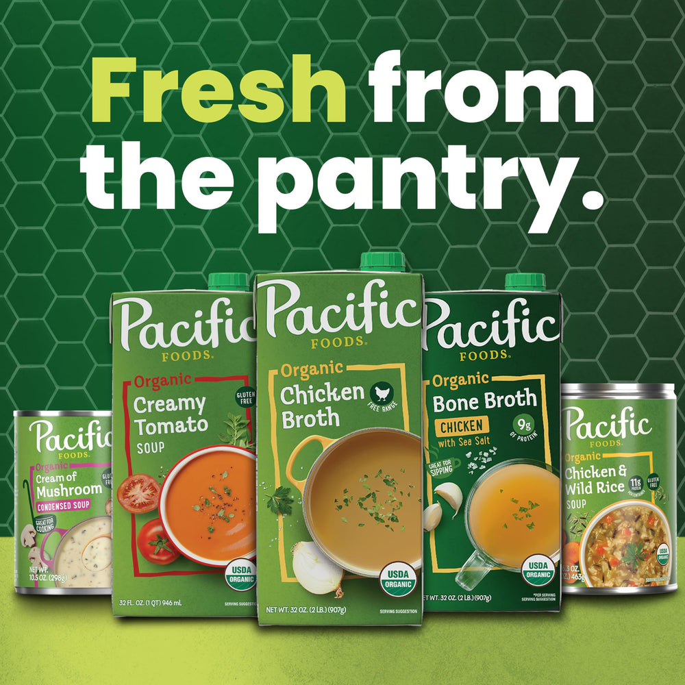 Pacific Foods twelve-pack stacked in pantry for value and meal prep