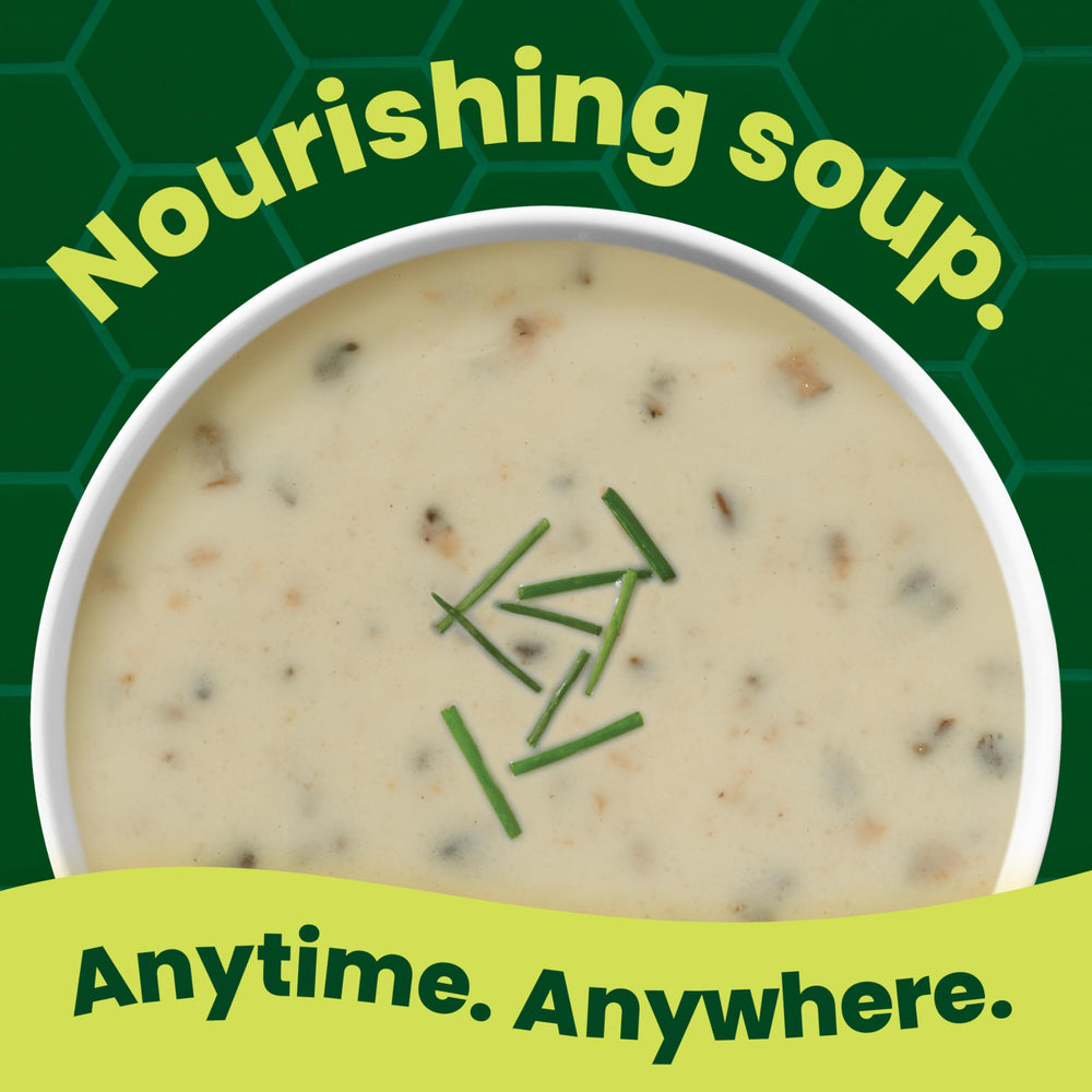 Pacific Foods creamy mushroom soup served in bowl garnished, showcasing ready-to-eat appeal