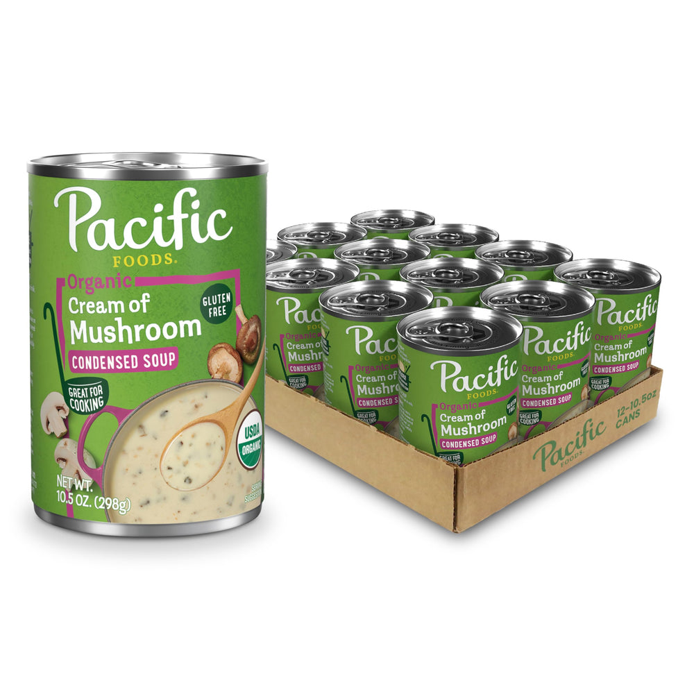 Pacific Foods front can view showing organic cream of mushroom soup, convenient pantry staple