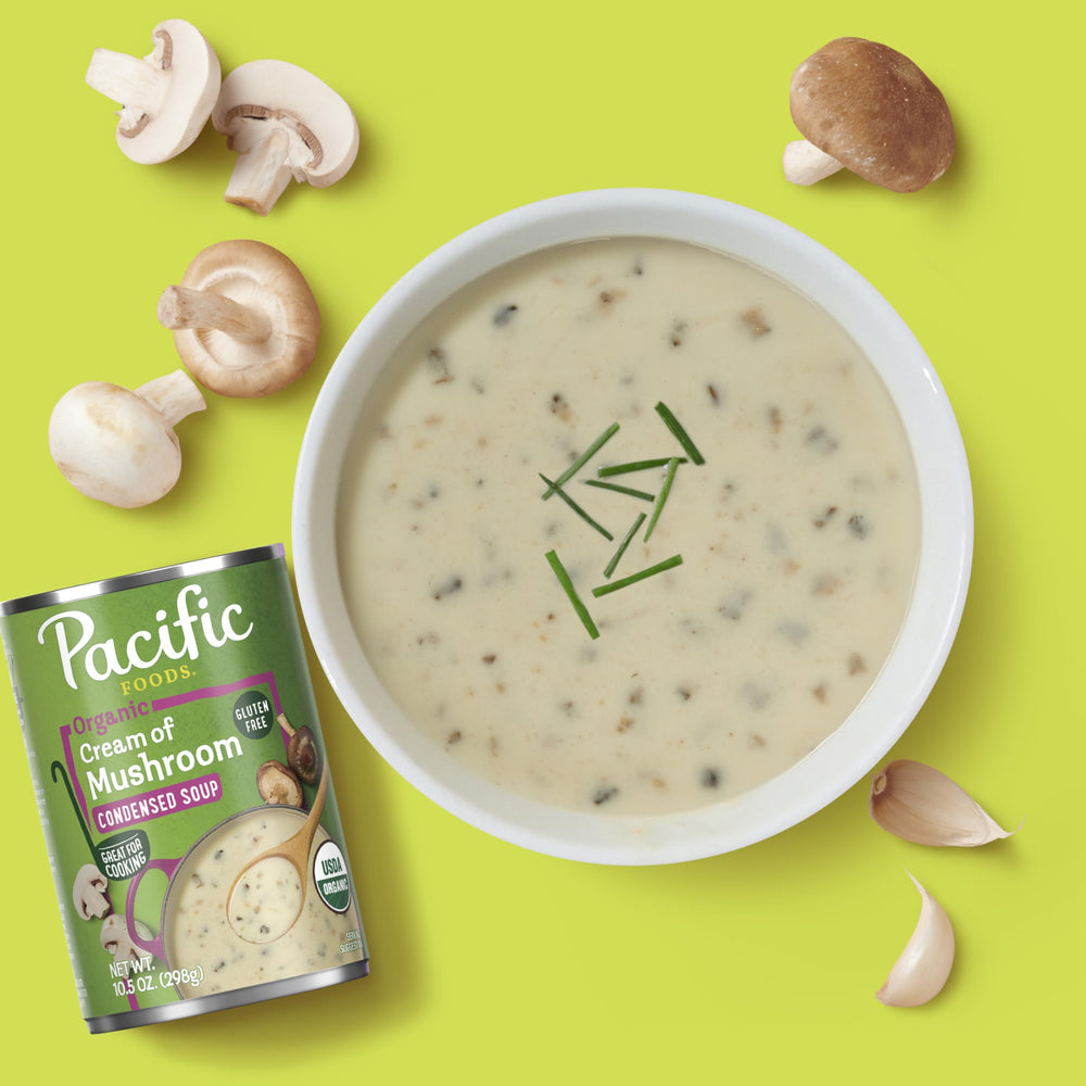 Pacific Foods condensed soup pouring from can into bowl for quick preparation benefit