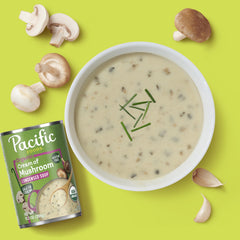 Pacific Foods condensed soup pouring from can into bowl for quick preparation benefit