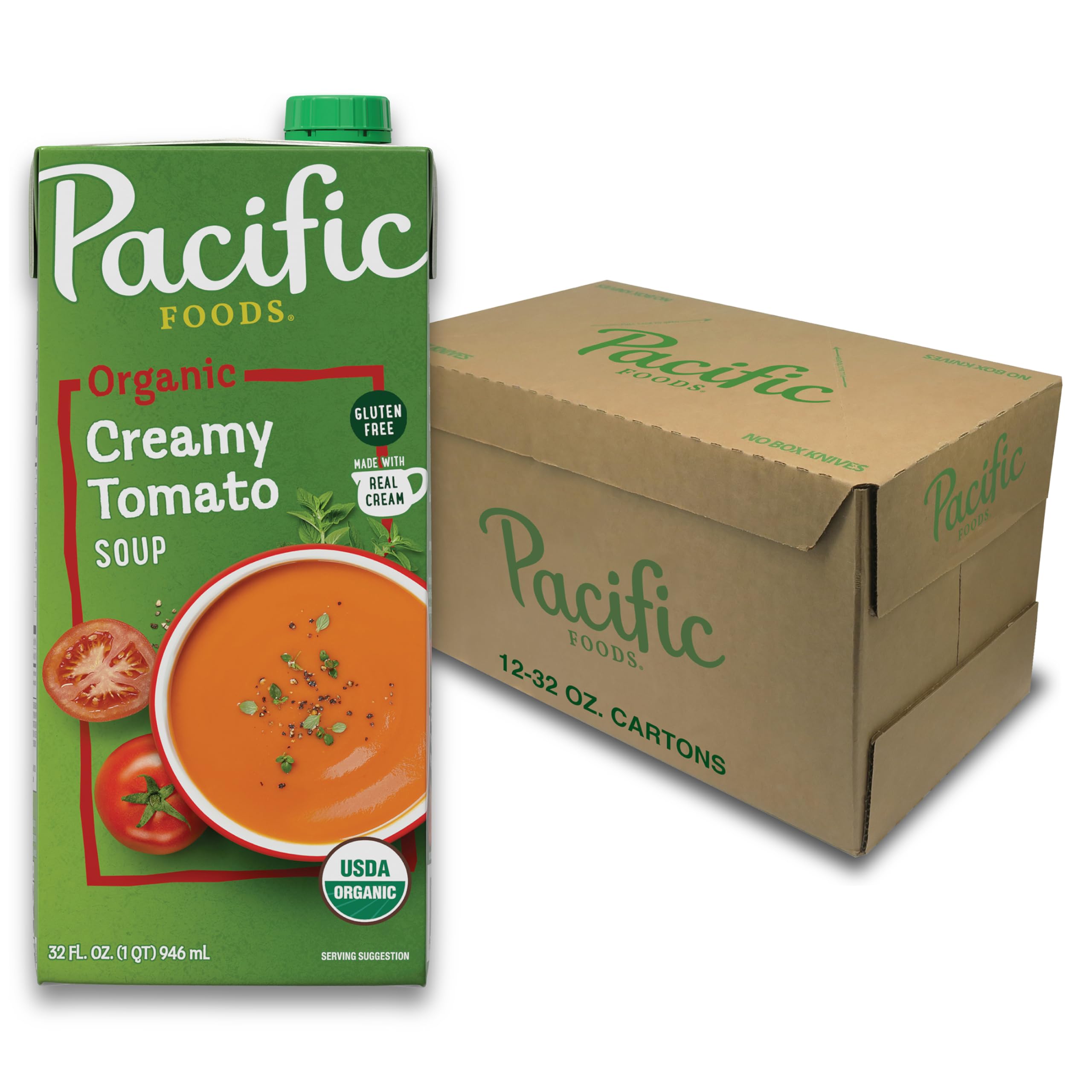 Pacific Foods front carton highlighting organic label and creamy tomato benefit