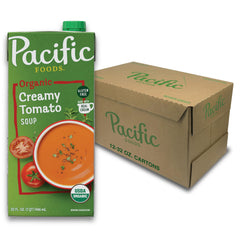 Pacific Foods front carton highlighting organic label and creamy tomato benefit