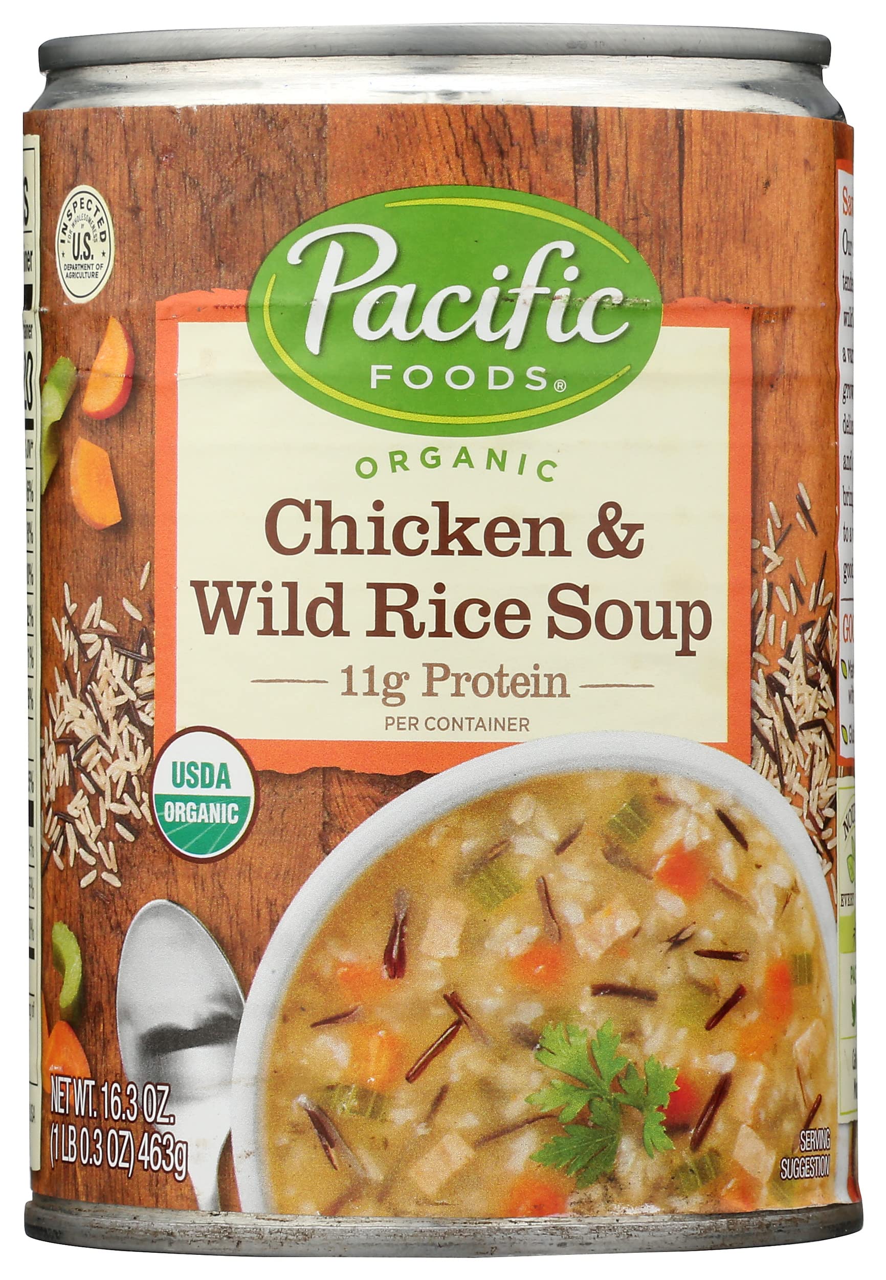 Pacific Foods front packaging showing carton and organic chicken wild rice benefit: convenient protein-rich meal