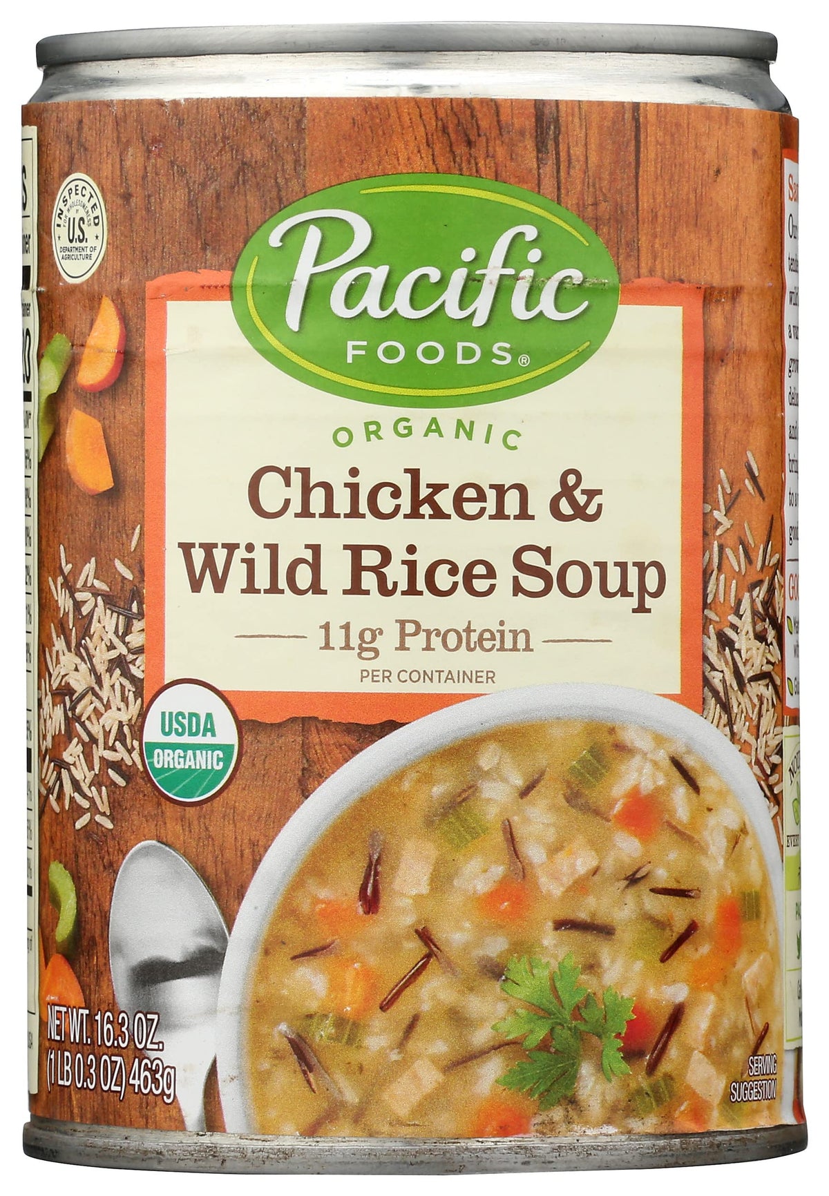 Pacific Foods front packaging showing carton and organic chicken wild rice benefit: convenient protein-rich meal