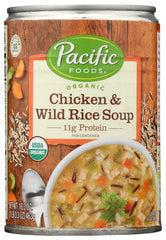 Pacific Foods front packaging showing carton and organic chicken wild rice benefit: convenient protein-rich meal