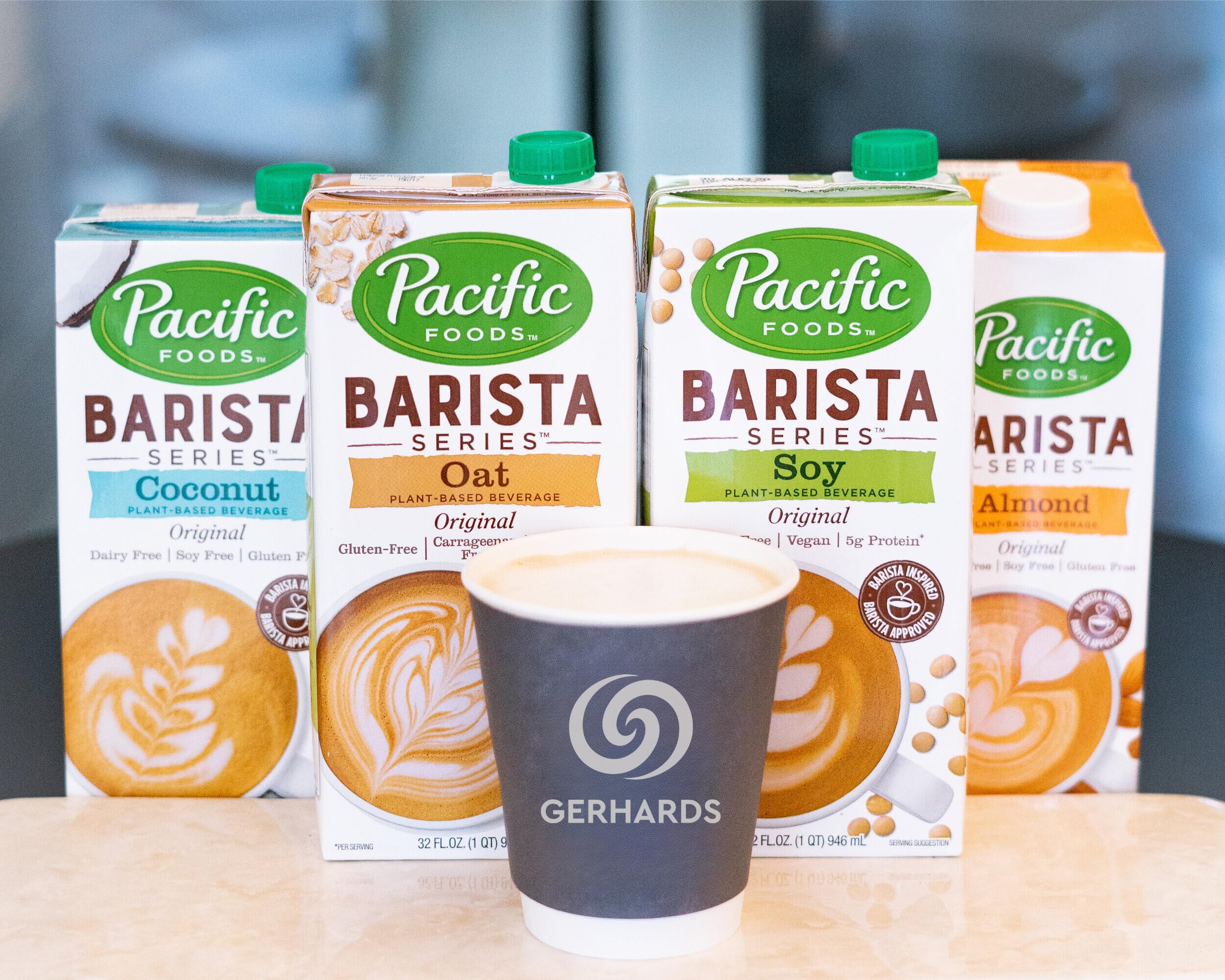 PACIFIC FOODS serving in latte showing creamy blend with espresso