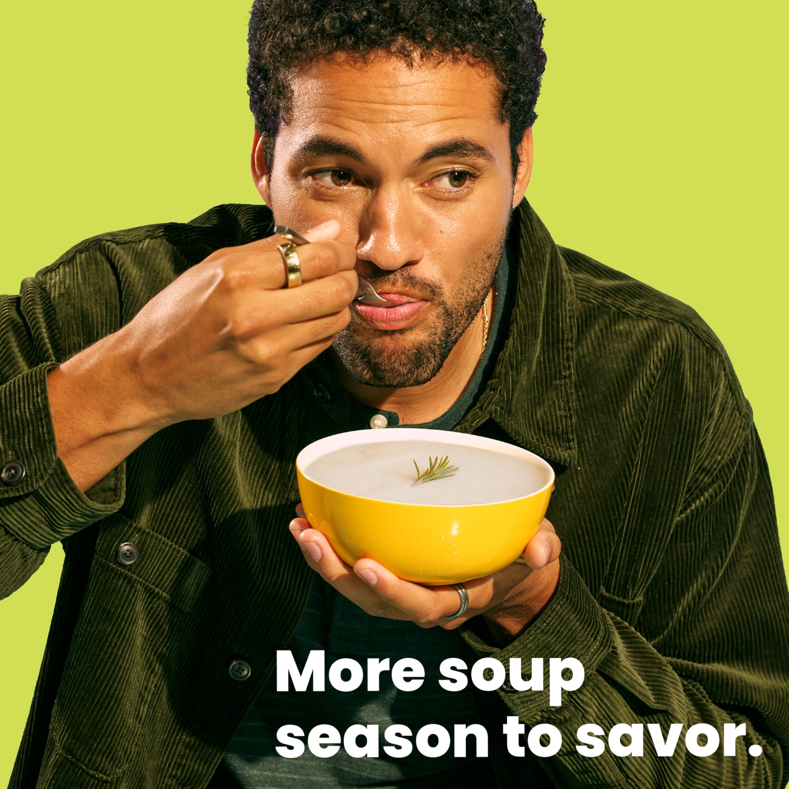 Pacific Foods creamy sauce being spooned over rice to save dinner prep time