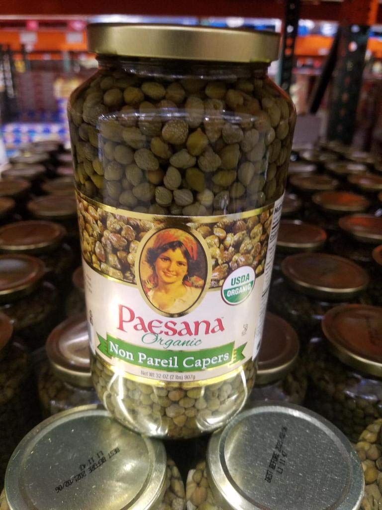 Paesana front label jar showing organic Non Pareil capers and clear brine