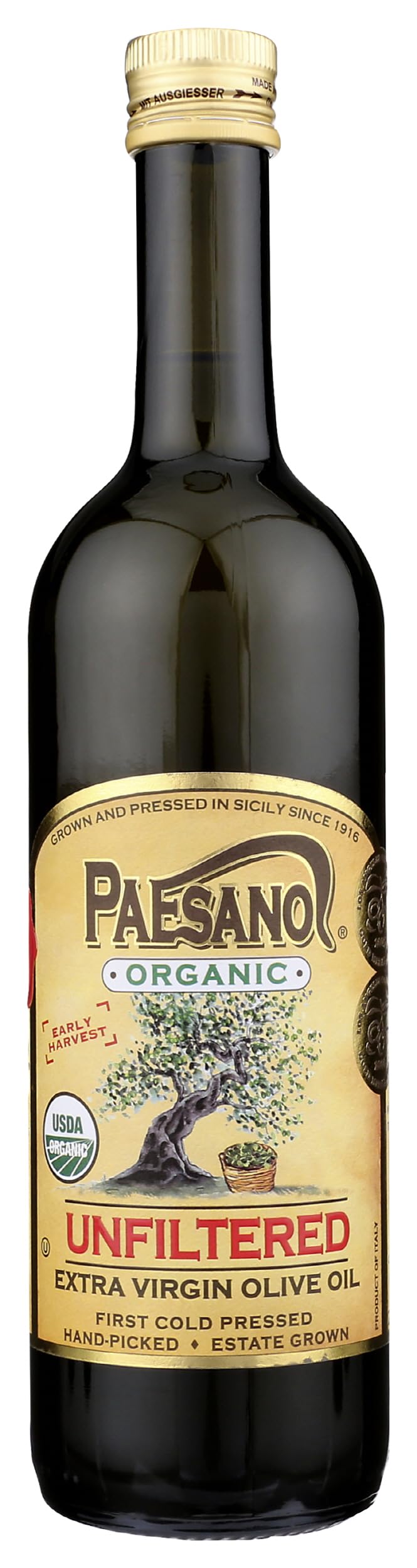 Paesano bottle front label showing organic extra virgin olive oil benefit freshness