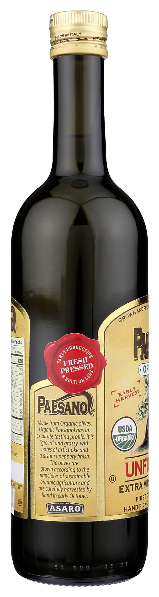 Paesano bottle with organic certification label showing trusted sourcing benefit