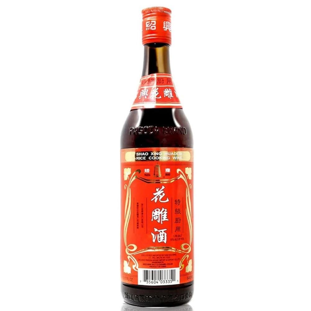 Pagoda Brand bottle front view showing premium Shaoxing HuaDiao wine