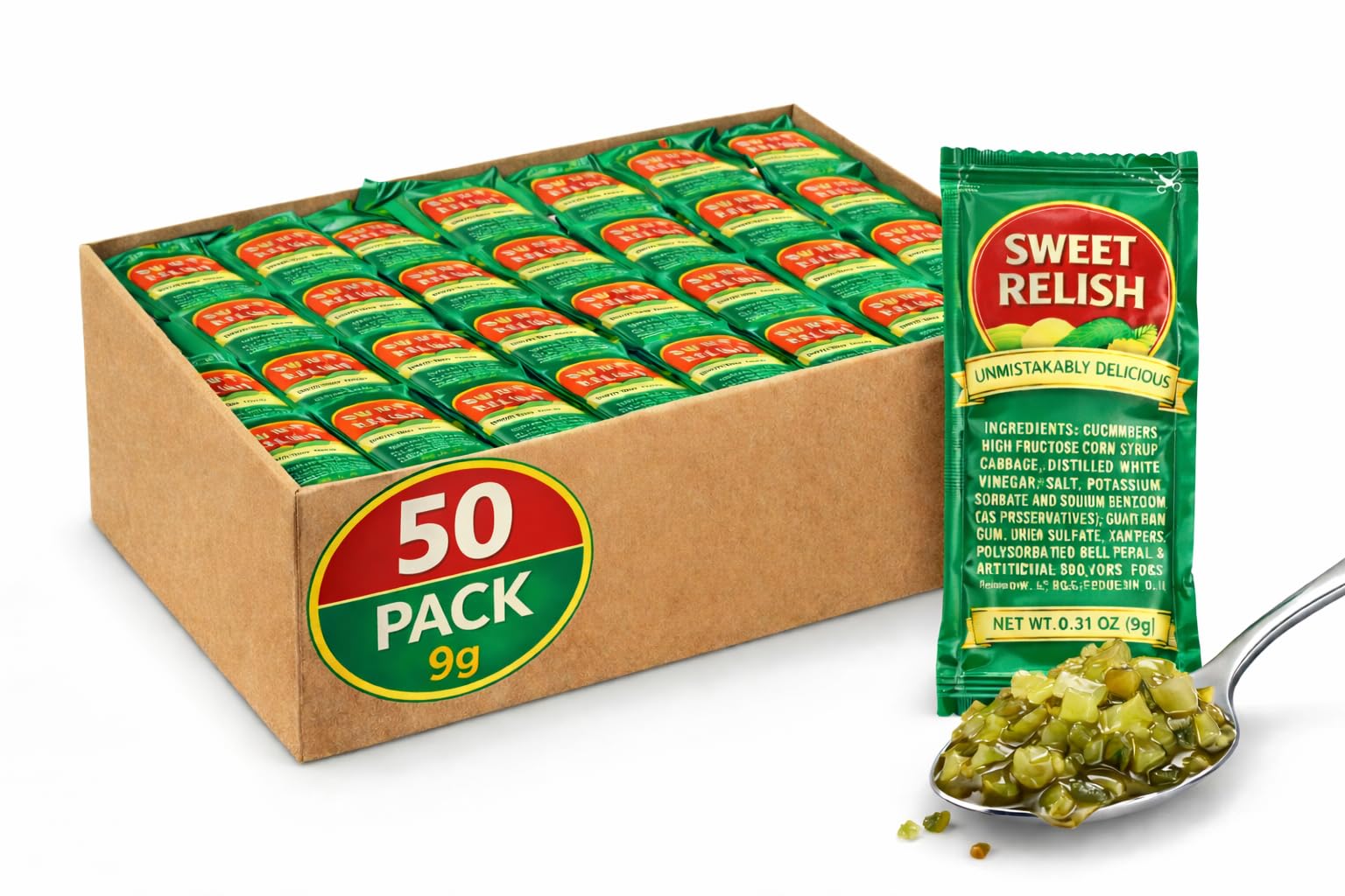 PailSail relish front-facing packet showing branding and portion benefits