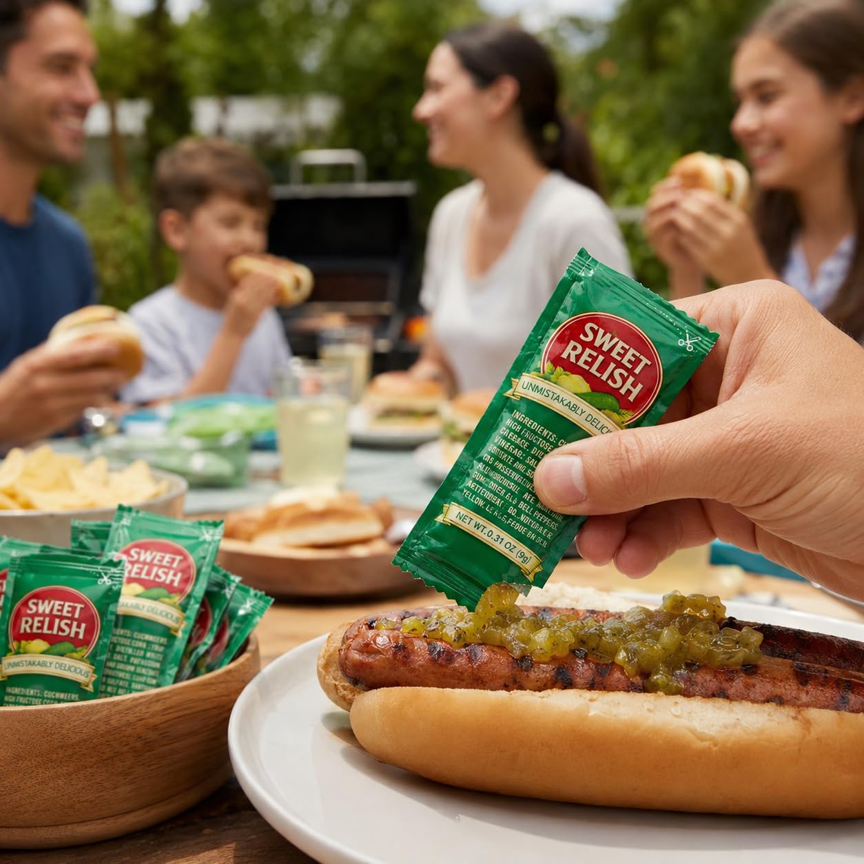 PailSail relish open packet being poured for hygienic single-use serving