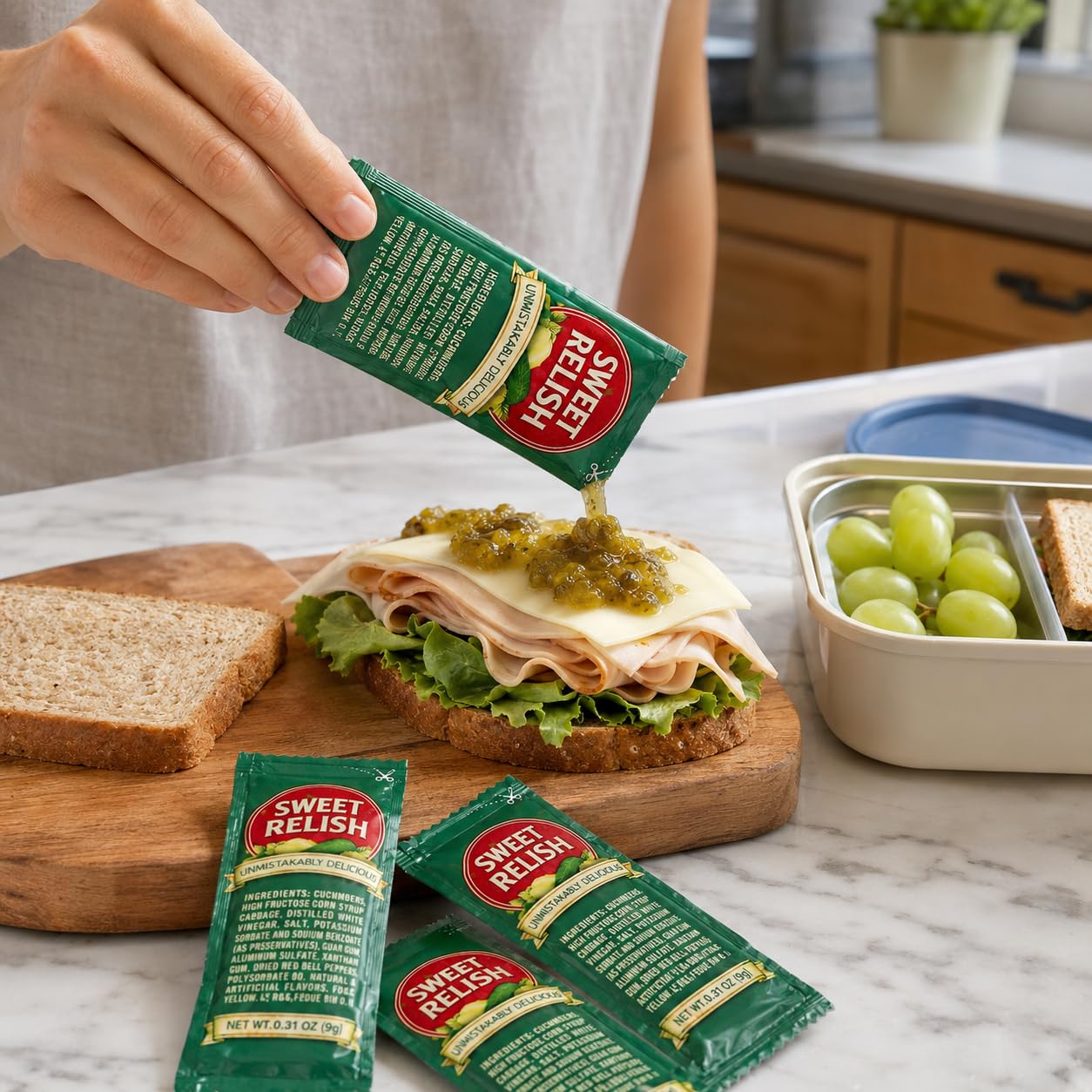 PailSail relish drizzled on a hot dog enhancing savory flavors