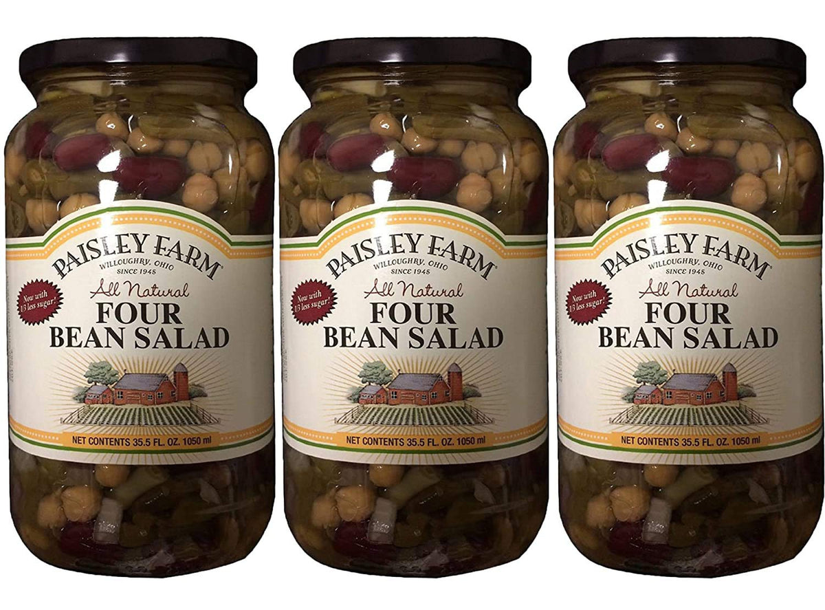 Paisley Farm glass jar showing four bean salad, visible colors and easy serving