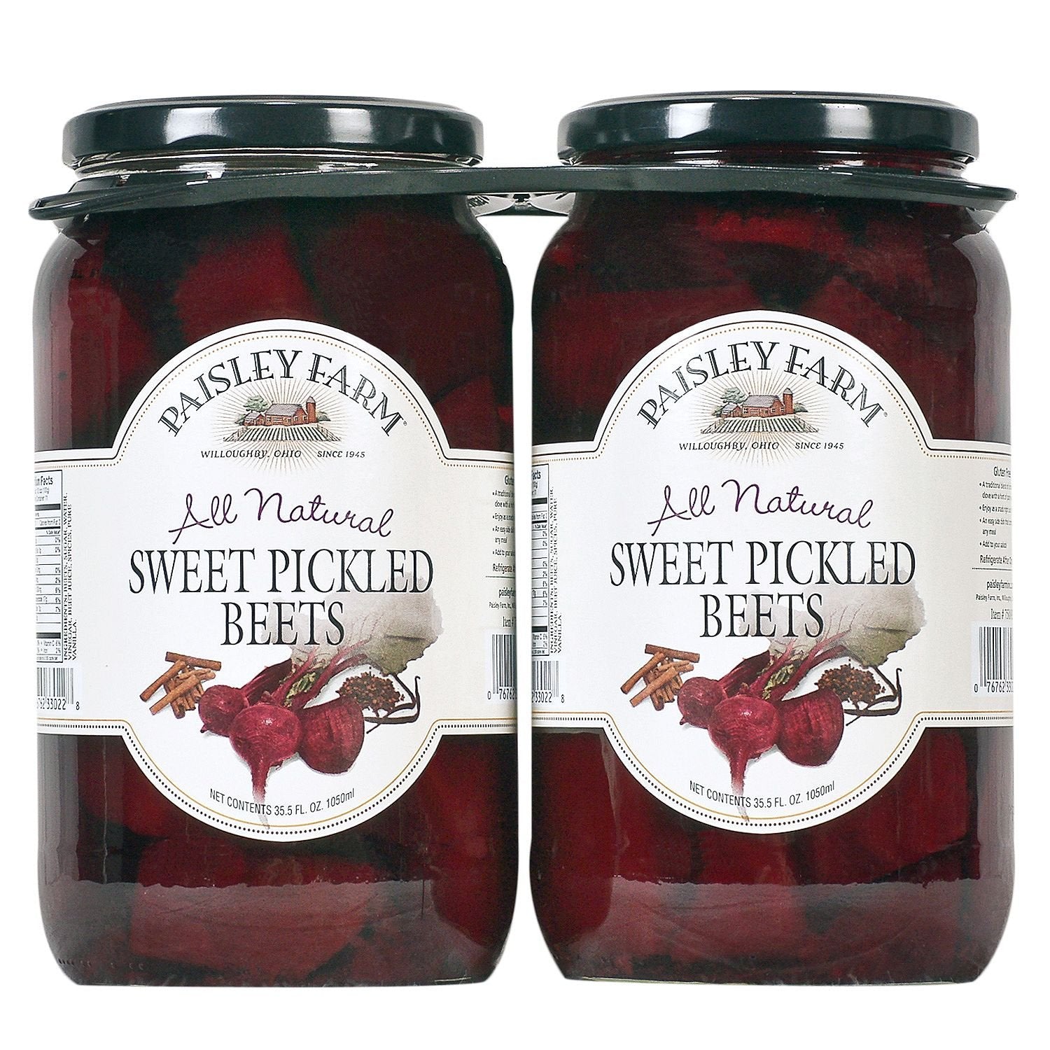 Paisley Farm front packaging showing two 35.5 oz jars and vibrant sliced beets