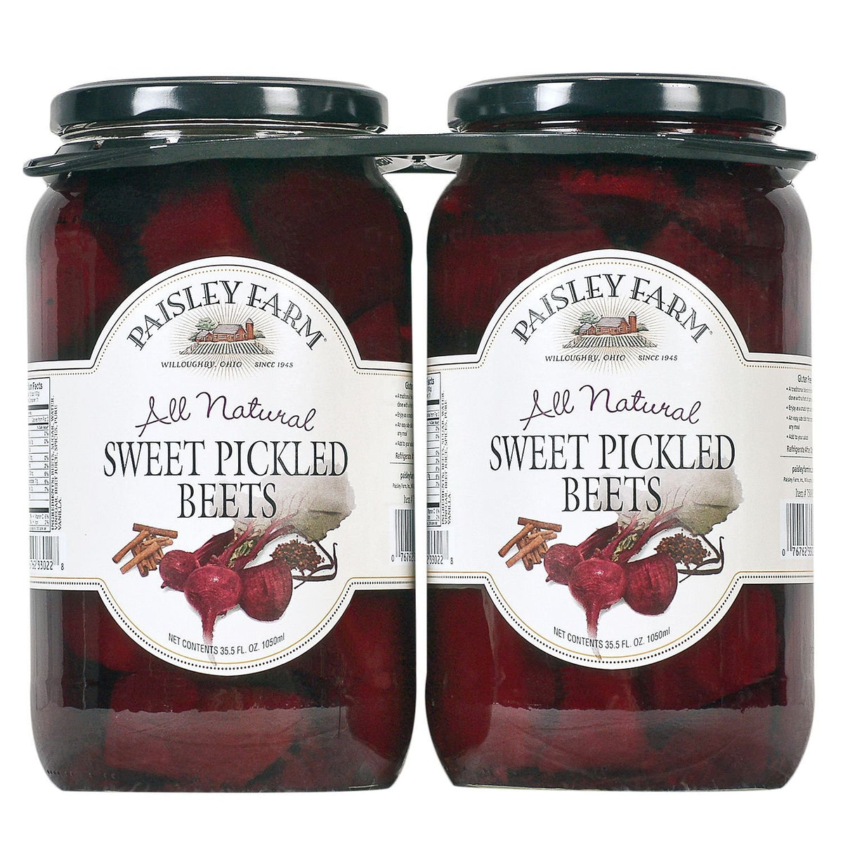 Paisley Farm front packaging showing two 35.5 oz jars and vibrant sliced beets