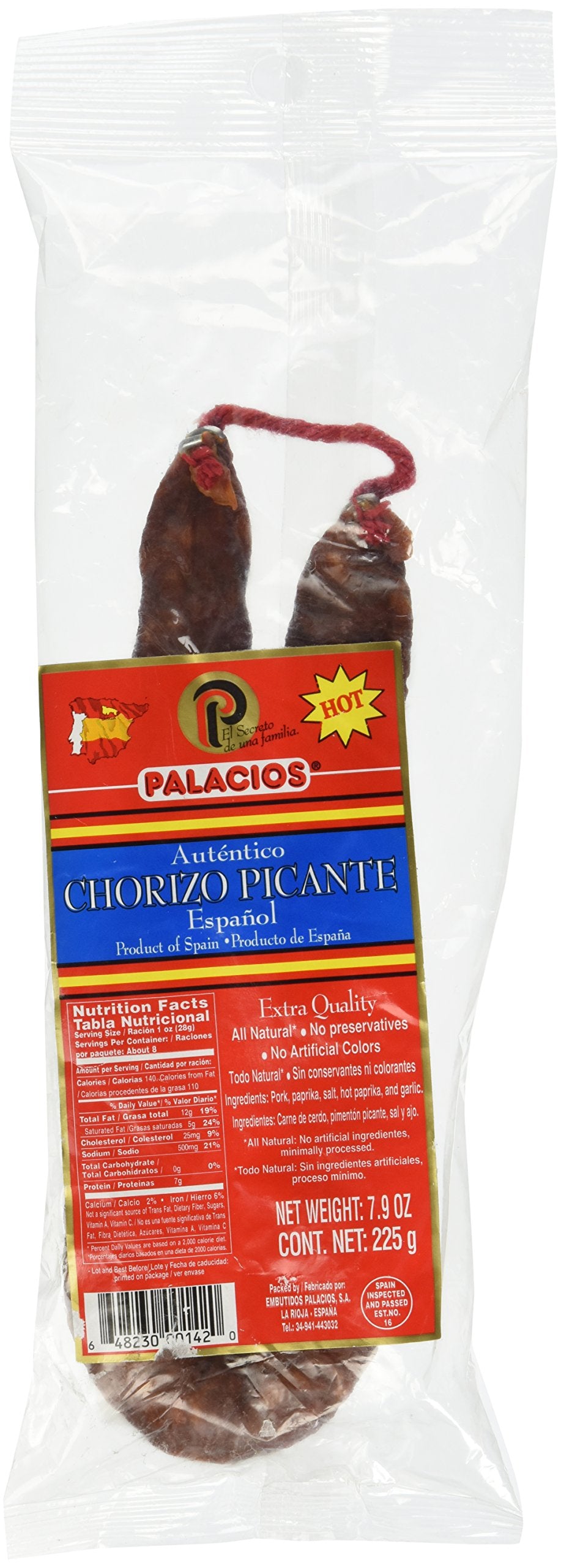 Palacios front packaging view showcasing authentic dry-cured chorizo, great for tapas