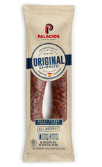 Palacios chorizo pack front showing cured sausages and convenient shelf-stable packaging