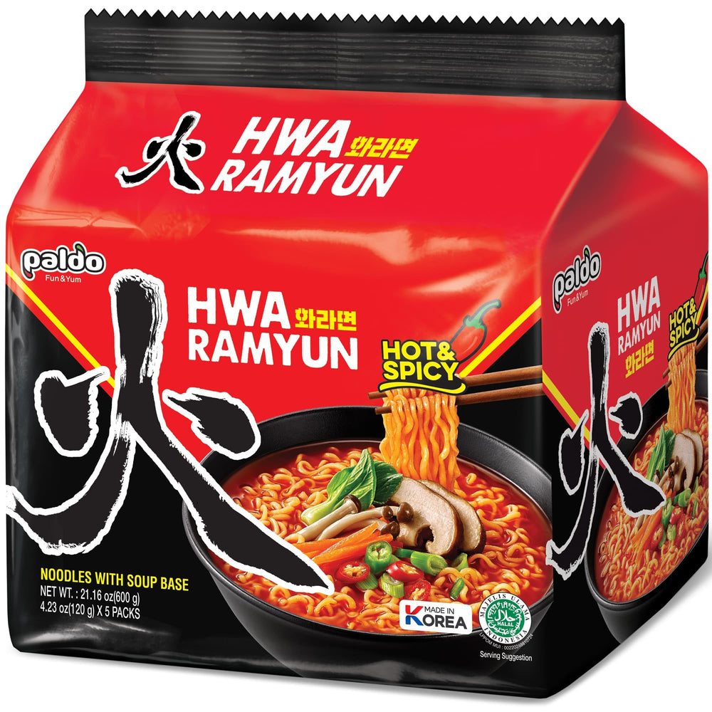 Paldo Hwa front packaging showing bold spicy ramen branding and family pack benefit
