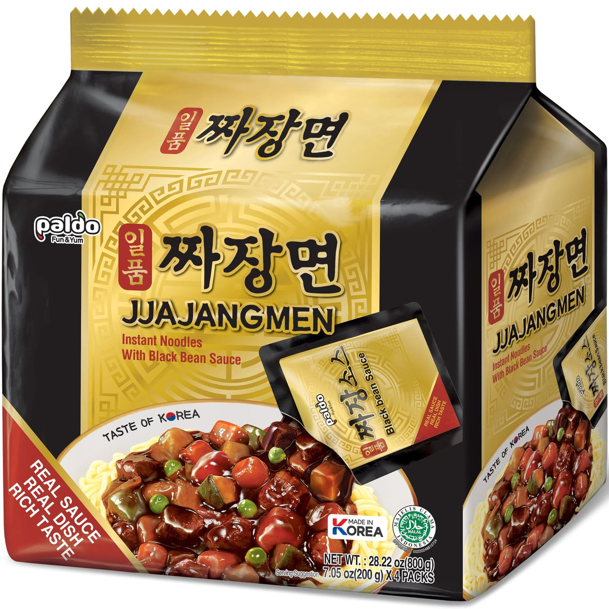 Paldo front packaging of Ilpoom Jjajangmen showing 16-pack and product branding benefits convenience