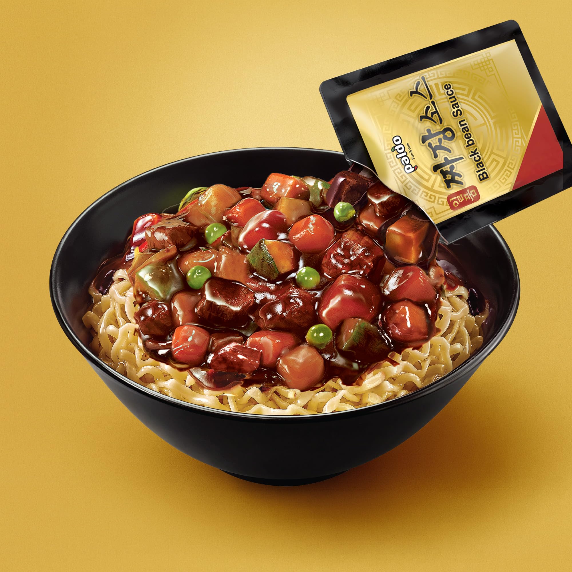 Paldo plated jjajangmen in a kitchen setting ready to eat for quick meals