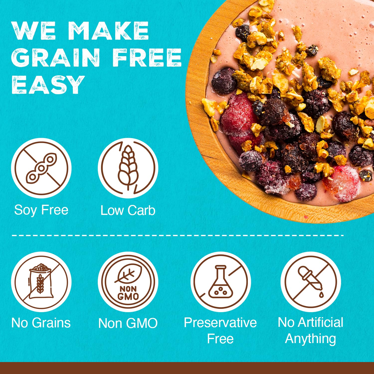 Paleonola ingredients spread with nuts seeds and dried coconut for clean label