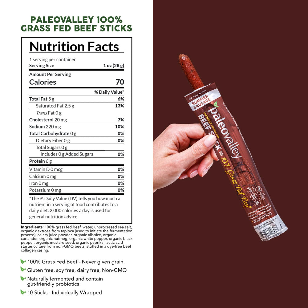 Paleovalley open pack with beef sticks ready to eat, convenient portable snack